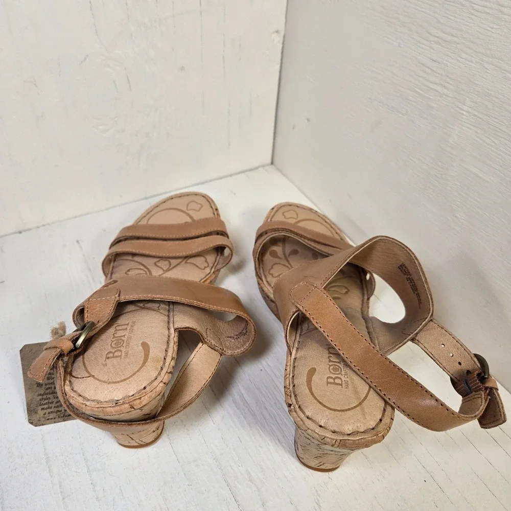 Born Hand Crafted Womens Tan Leather Cork Wedge Sandals Slingback Buckle Size 8M